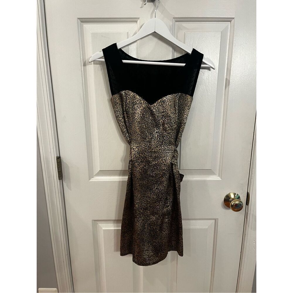 Alice Handmade In London Leopard Satin & Black Swiss Dot Tie Back Dress sz S EUC